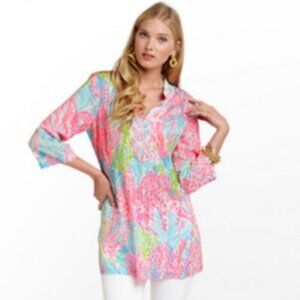 Lilly Pulitzer Let's Cha Cha Sarasota Tunic Length Pearl Beaded Shirt Small